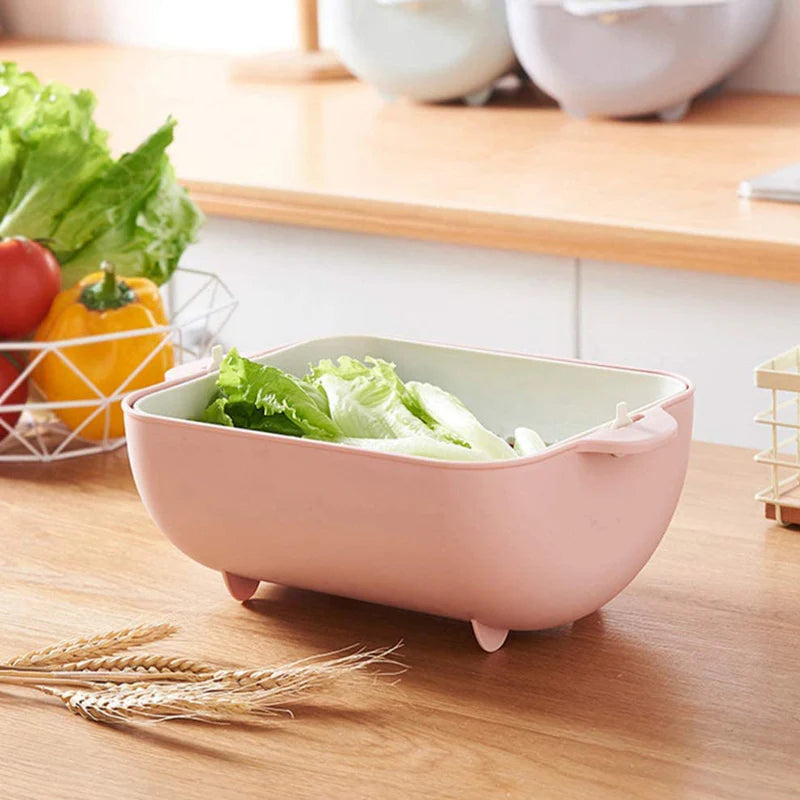 Double Layered Plastic Rotatable Strainer Bowl With Handles For Washing /Rinsing Vegetables/Fruits (Multicolor)