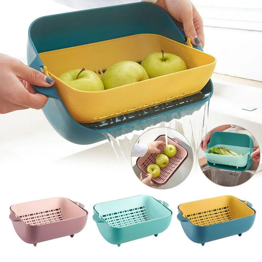 Double Layered Plastic Rotatable Strainer Bowl With Handles For Washing /Rinsing Vegetables/Fruits (Multicolor)